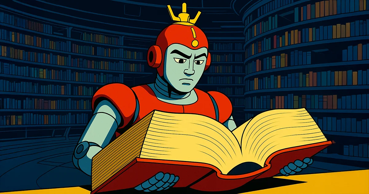 Ein Roboter mit einem Mega Buch